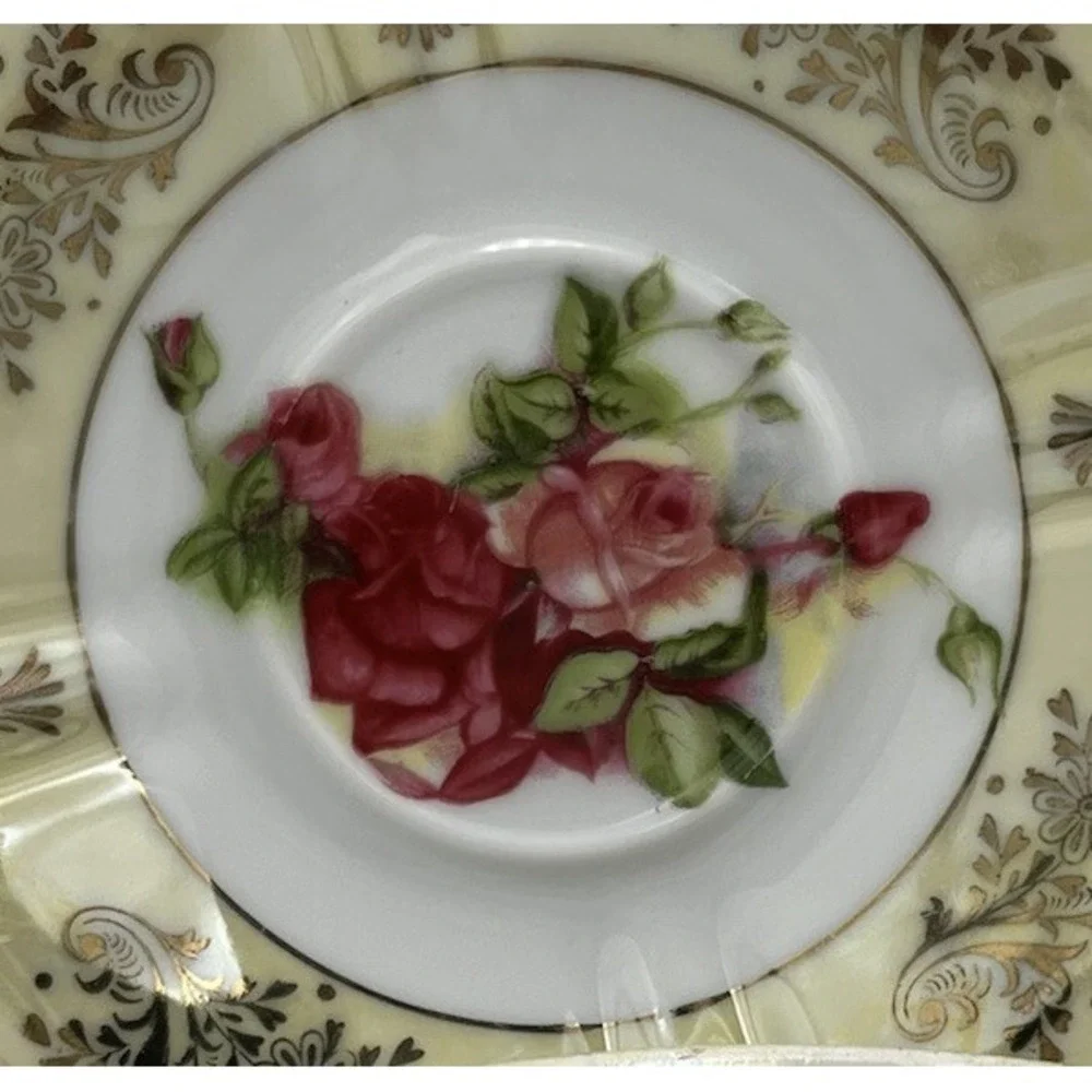 Vintage LM Royal Halsey Very Fine Cup Saucer Pink Roses‎ Yellow Lusterware Gold